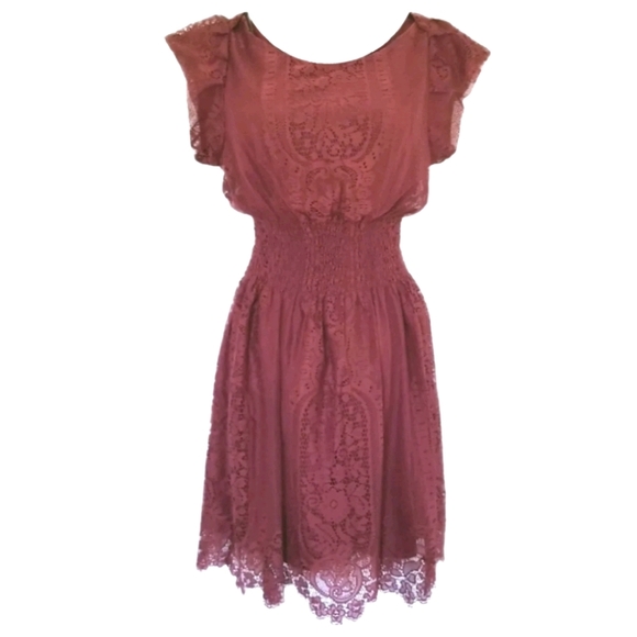 Pinky Ruched Waist Lace Overlay Dress - Picture 1 of 14
